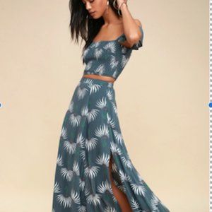 lulus dusty blue floral print maxi skirt with side slits